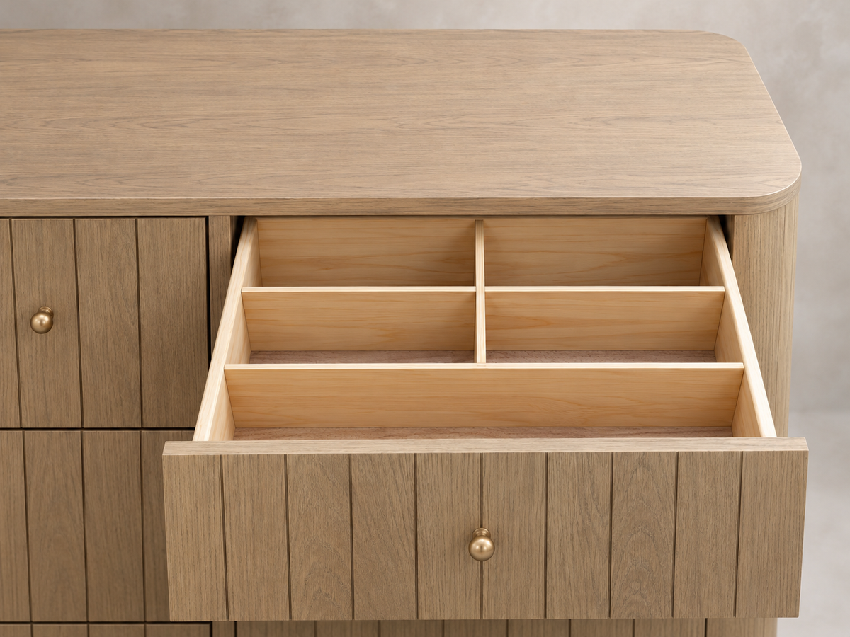 Houston 50-inch dresser in Nordic White Oak — rendered detail of the open right upper drawer with five organizer compartments.
