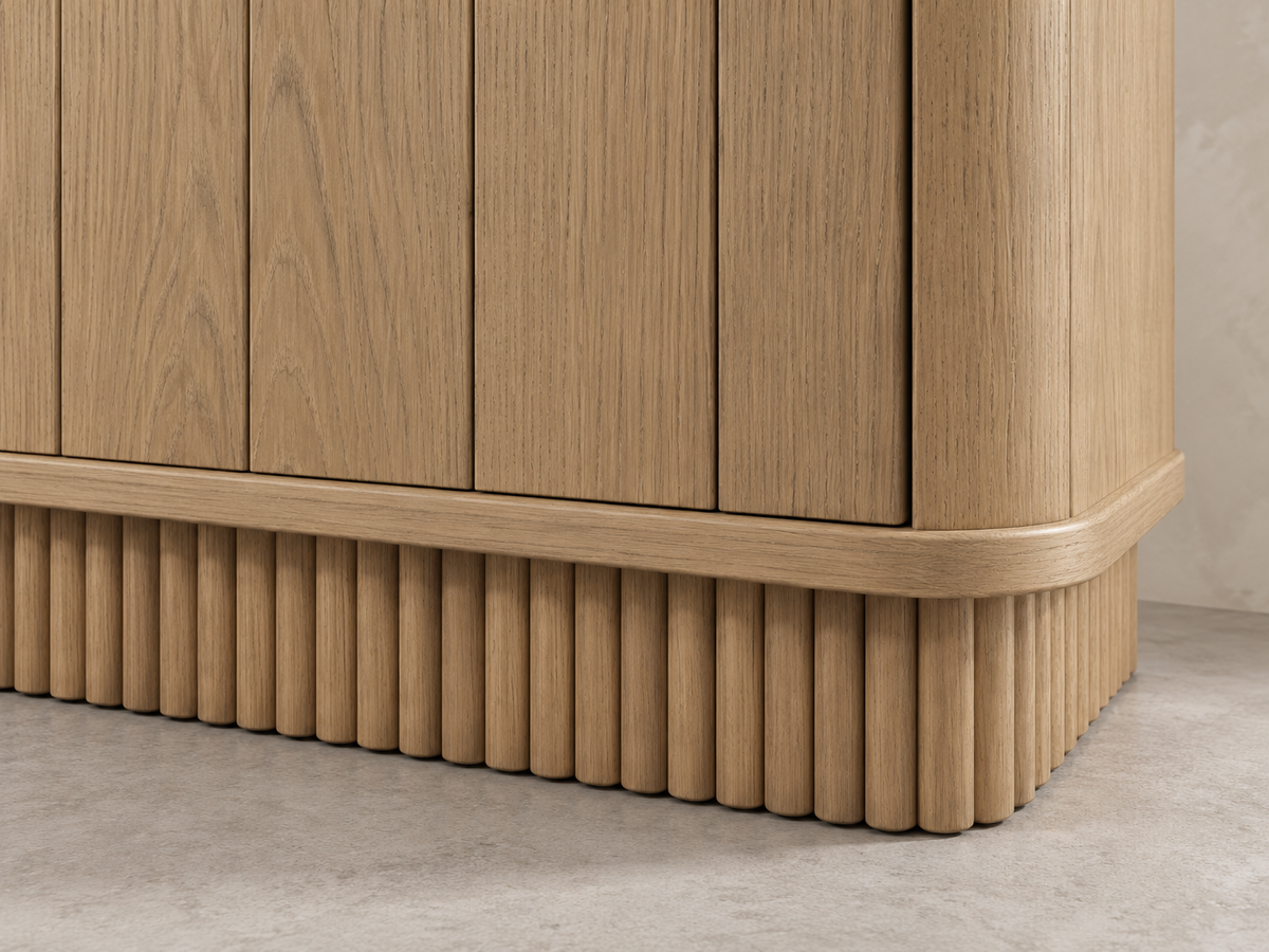 Houston 72-inch dresser in Nordic White Oak — rendered detail of the rounded corner, oak grain and reeded base.