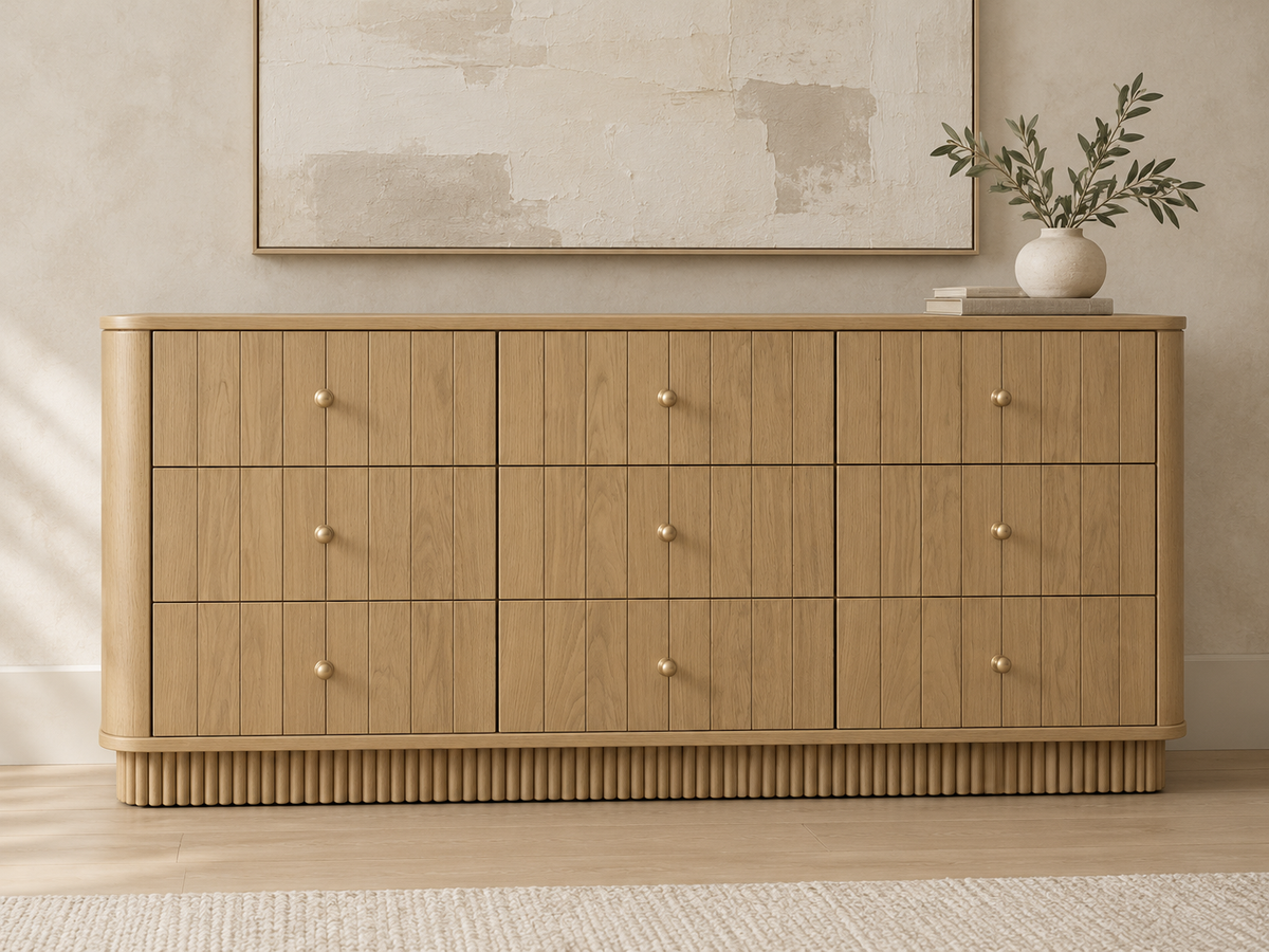 Houston 72-inch nine-drawer dresser in Nordic White Oak — rendered frontal interior view against a limewash wall.