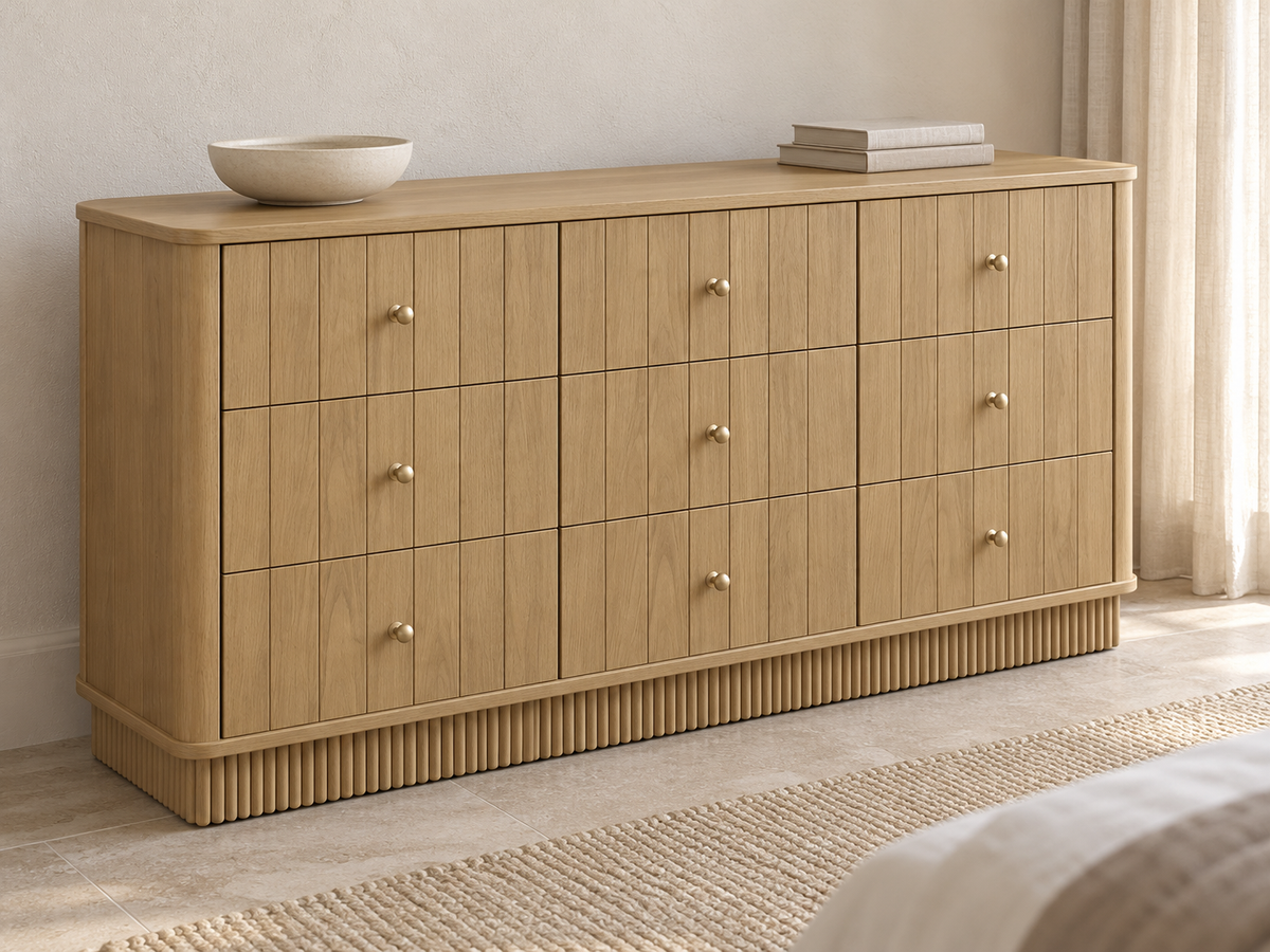 Houston 72-inch nine-drawer dresser in Nordic White Oak — additional rendered bedroom composition for review.