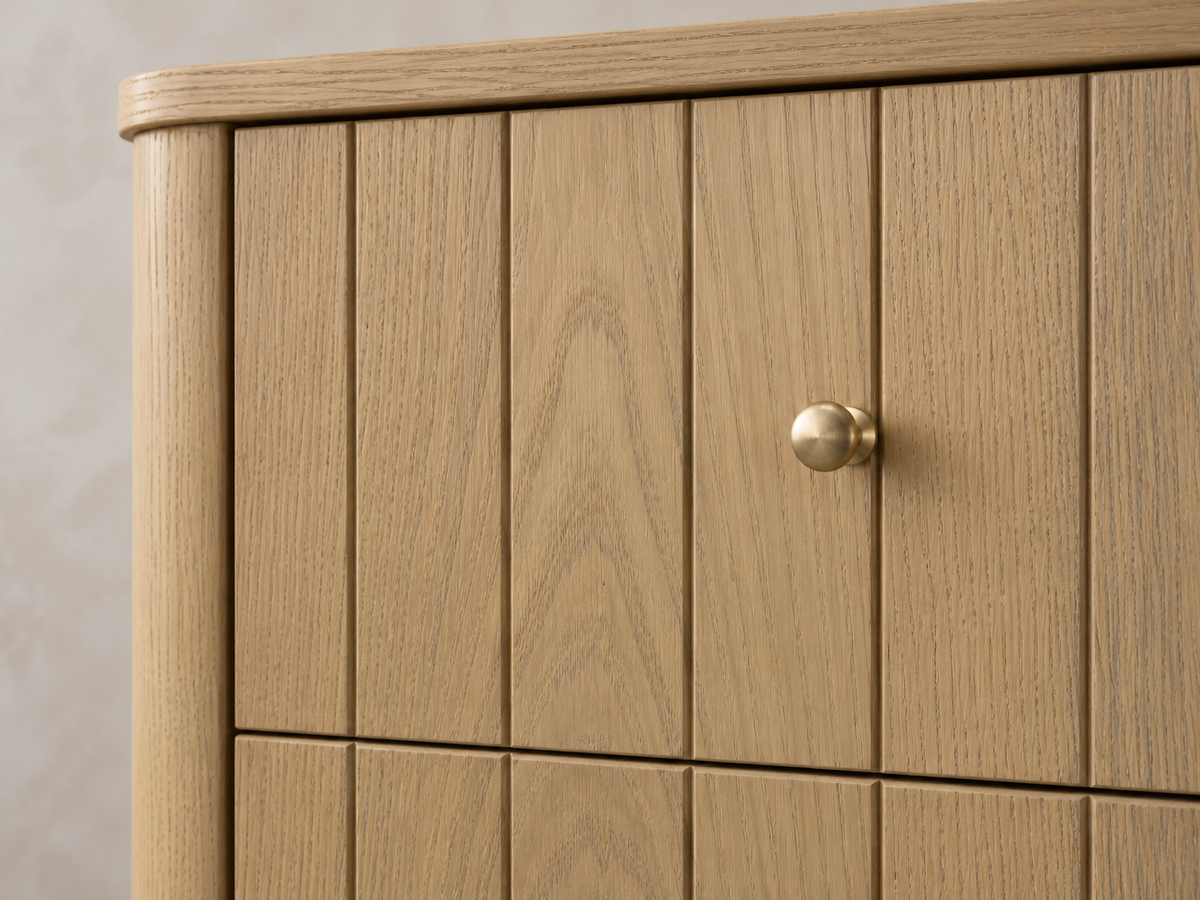 Houston 72-inch dresser in Nordic White Oak — rendered close-up of the brass-tone knob and oak grain.