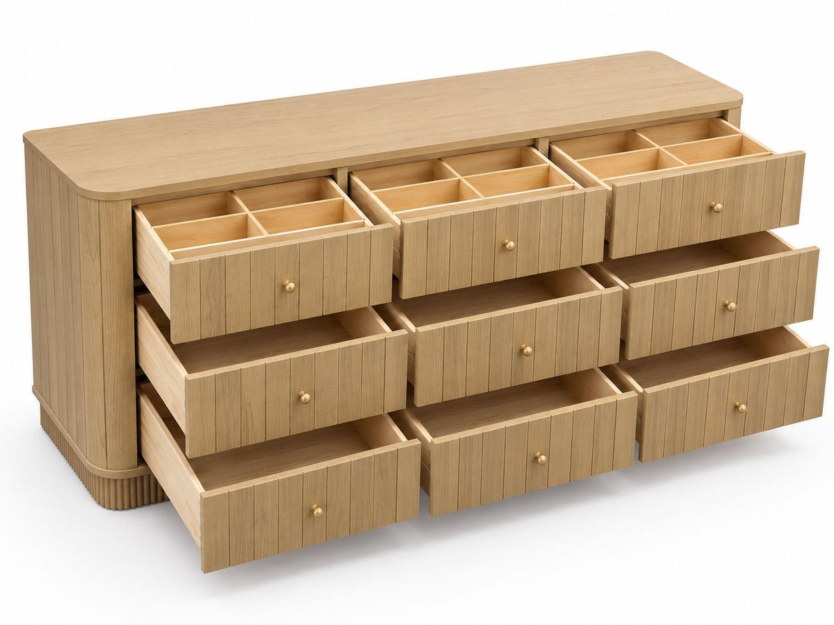 Studio rendering of the Houston 72-inch nine-drawer dresser in Nordic White Oak, front-left view with all nine drawers open.