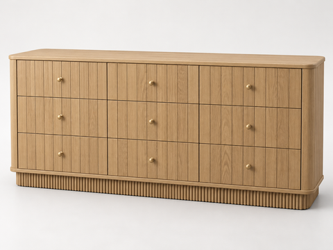 Studio rendering of the Houston 72-inch nine-drawer dresser in Nordic White Oak, front-right view.