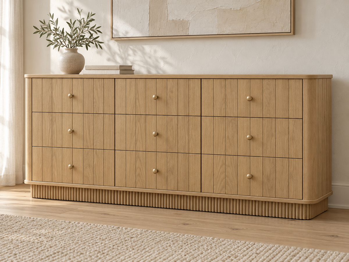 Lifestyle rendering of Houston 72-inch Dresser in Nordic White Oak in a neutral bedroom setting