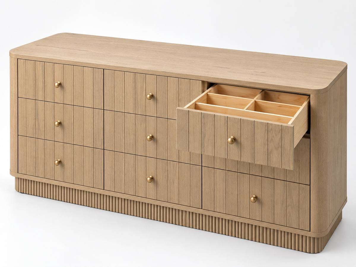Studio rendering of Houston 72-inch Dresser in Nordic White Oak with an open upper drawer showing its five-compartment organizer