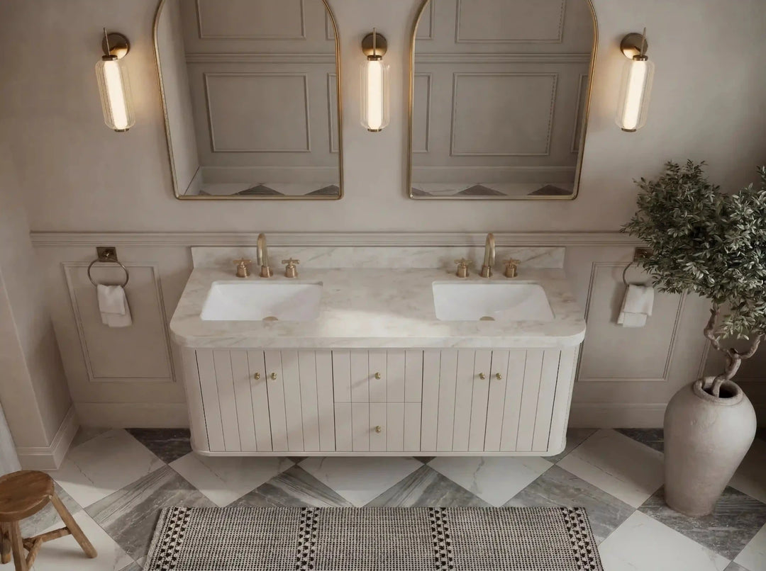 Houston Floating 60 in. W x 22 in. D Double Sink Bathroom Vanity | 
              
                 Fine Grain Linen Beige
                
                  
             - HOU-FLT-CAB-FNG-59D - photo №13