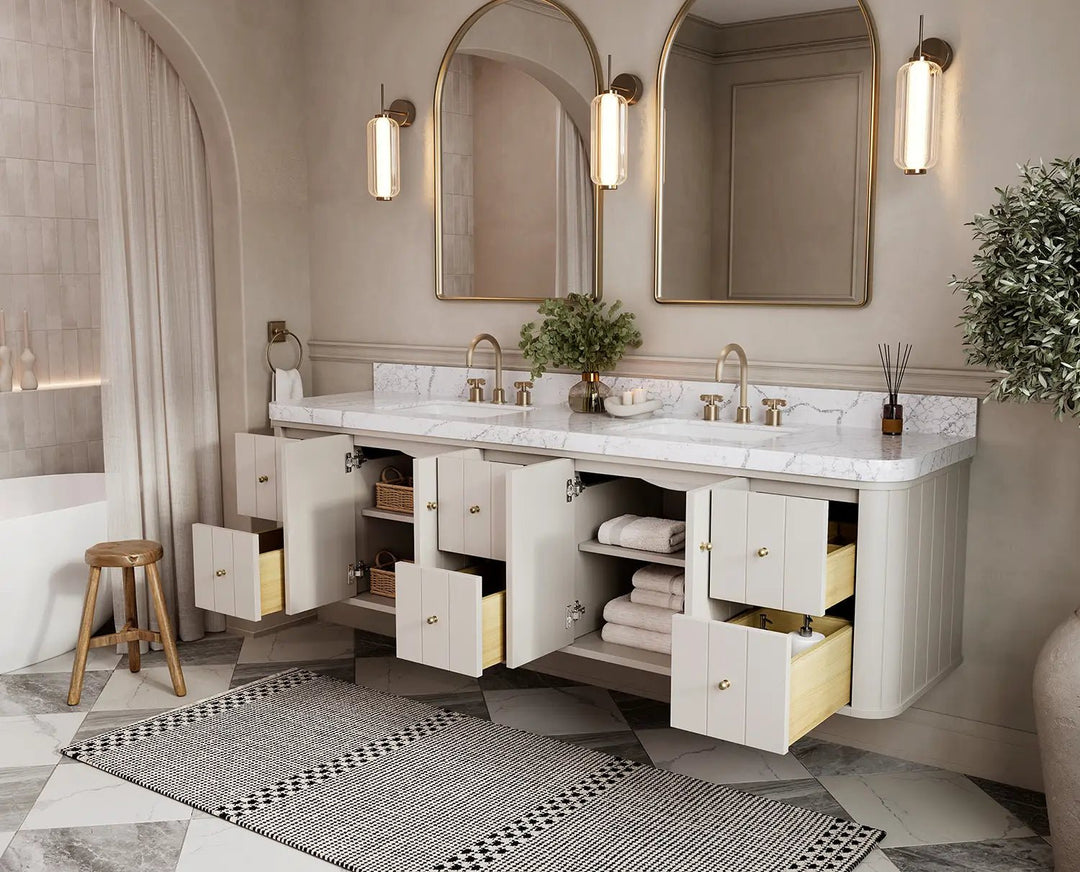 Houston Floating 84 in. W x 22 in. D Double Sink Bathroom Vanity | 
              
                 Fine Grain Linen Beige
                
                  
             - HOU-FLT-CAB-FNG-83 - photo №3