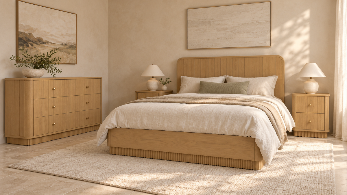 Houston Bed in Nordic White Oak styled in a bedroom interior