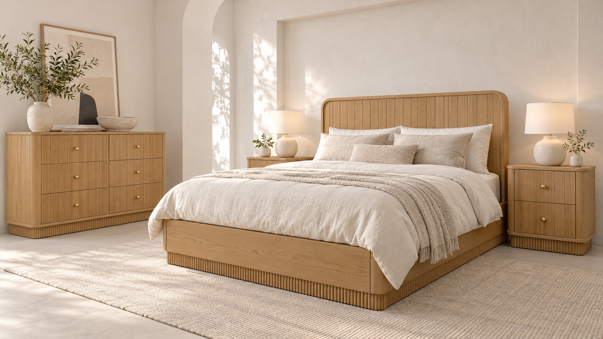 Houston Nordic White Oak bedroom interior with bed, two nightstands and 50-inch six-drawer dresser; furniture sold separately. Room view 2.