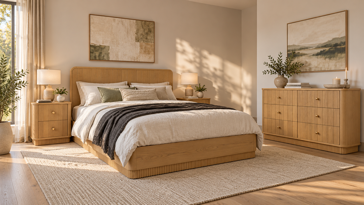 Houston Nordic White Oak bedroom interior with bed, two nightstands and 50-inch six-drawer dresser; furniture sold separately. Room view 3.