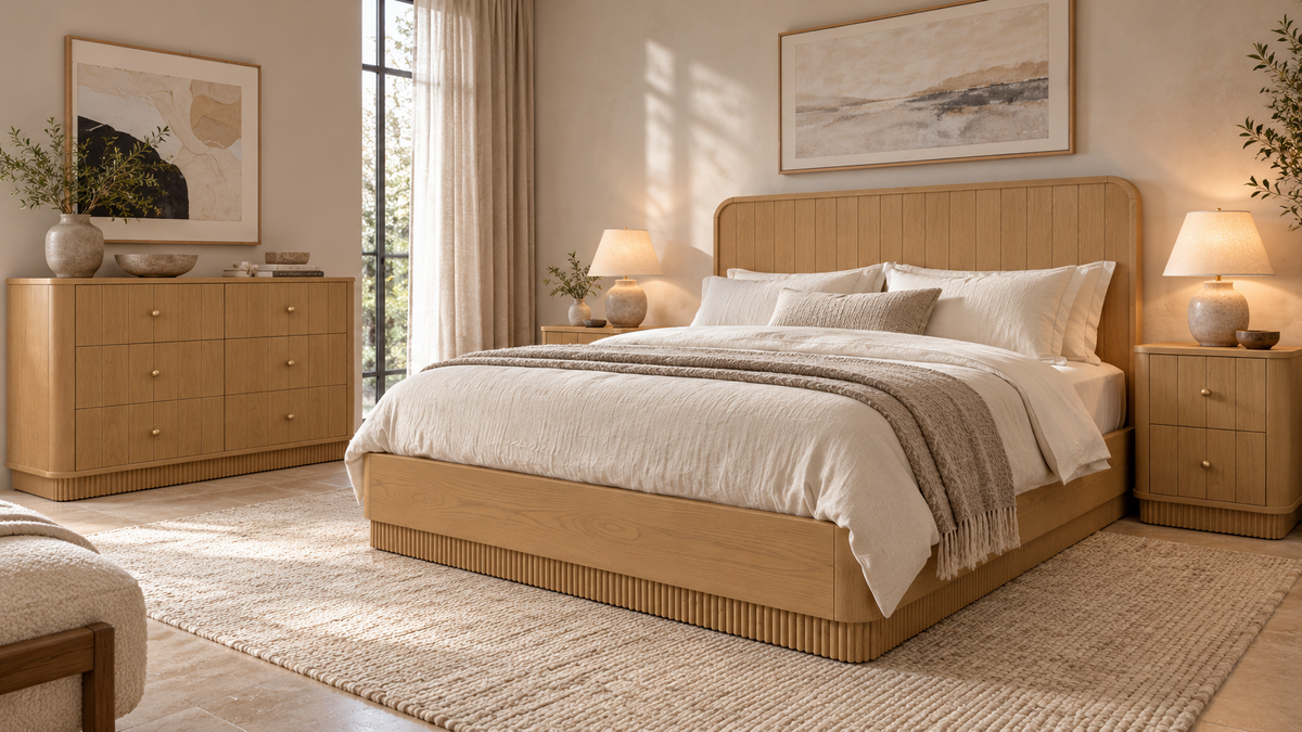 Houston Nordic White Oak bedroom interior with bed, two nightstands and 50-inch six-drawer dresser; furniture sold separately. Room view 4.