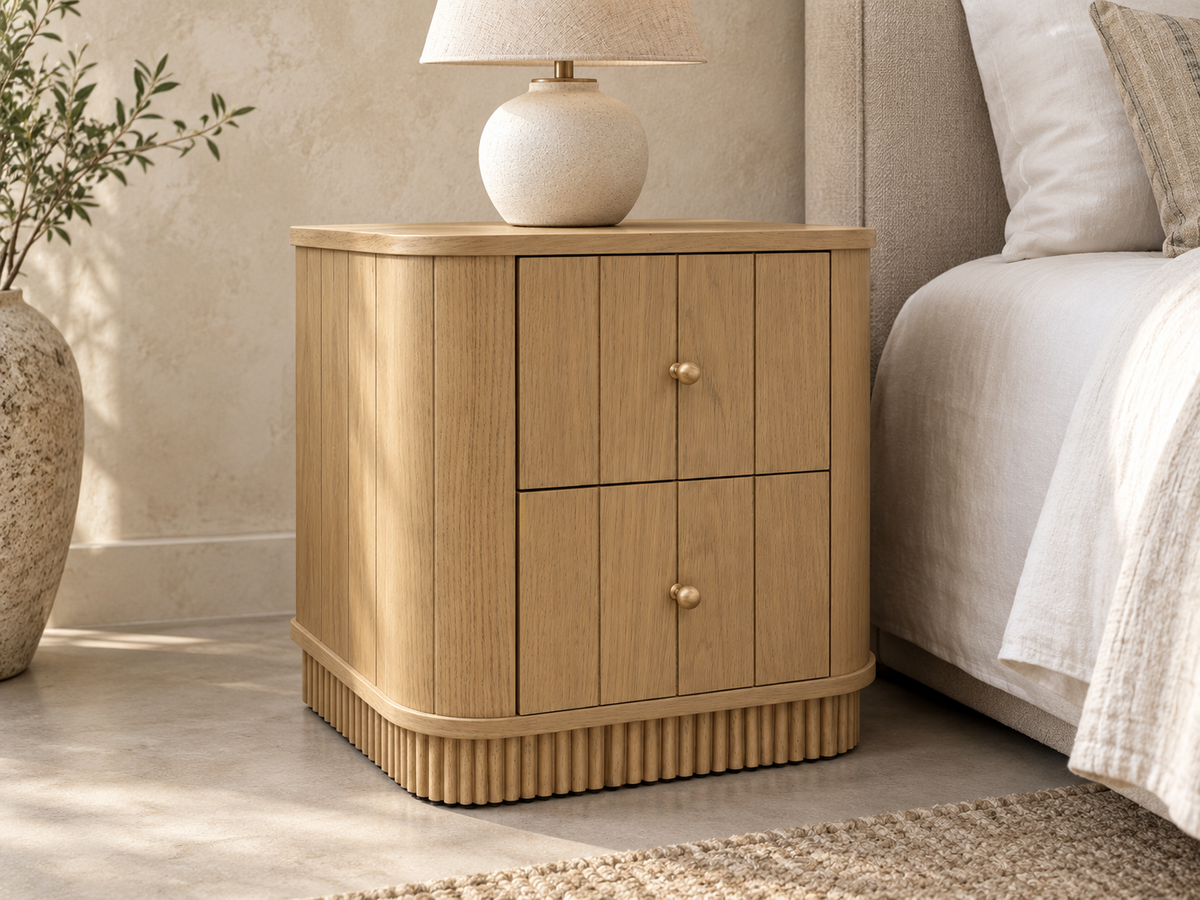 Houston 20-inch nightstand in Nordic White Oak — rendered bedroom view with closed drawers and a table lamp.