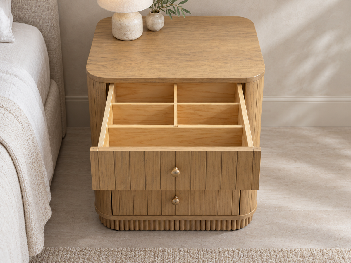 Houston 20-inch nightstand in Nordic White Oak — rendered elevated bedroom view with the five-compartment upper organizer open.