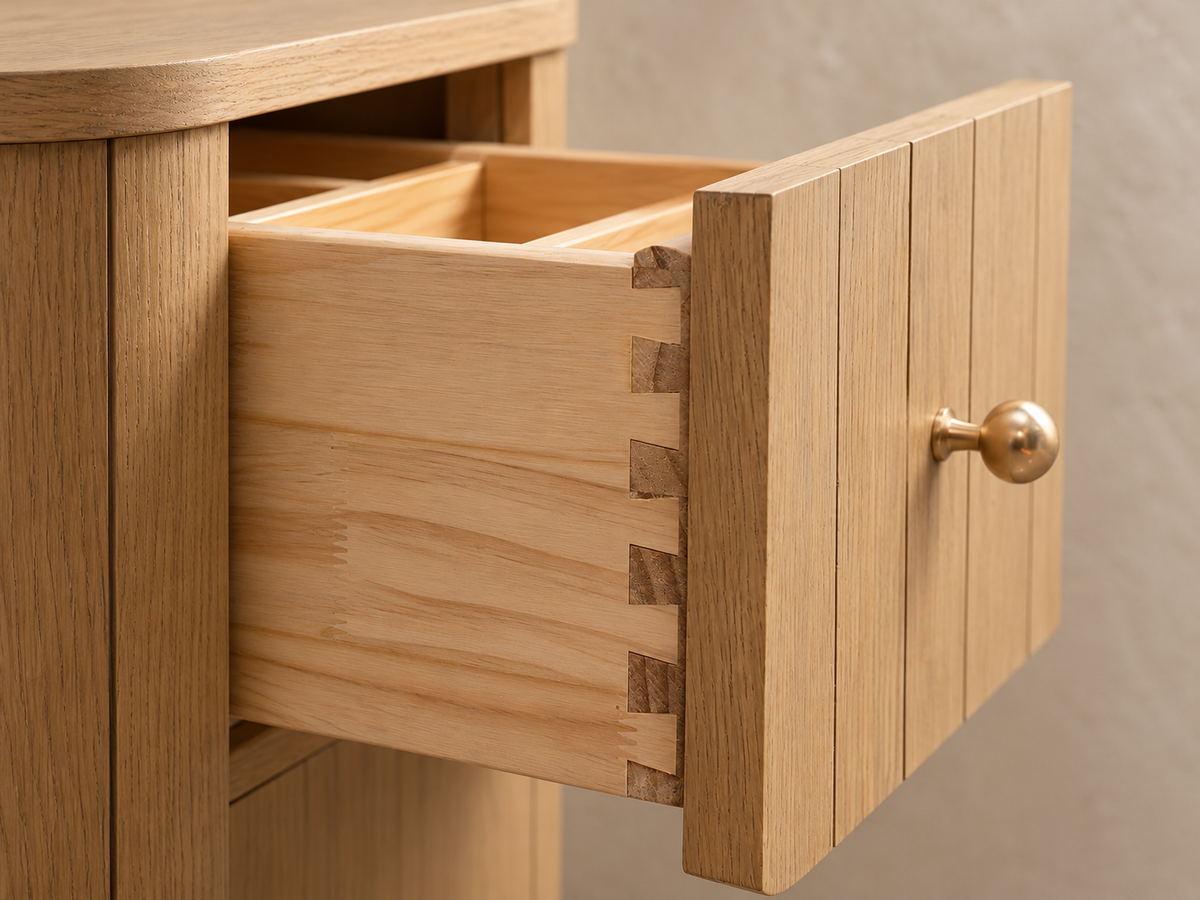 Houston nightstand in Nordic White Oak — rendered close-up of the open drawer corner joint on a limewash background.