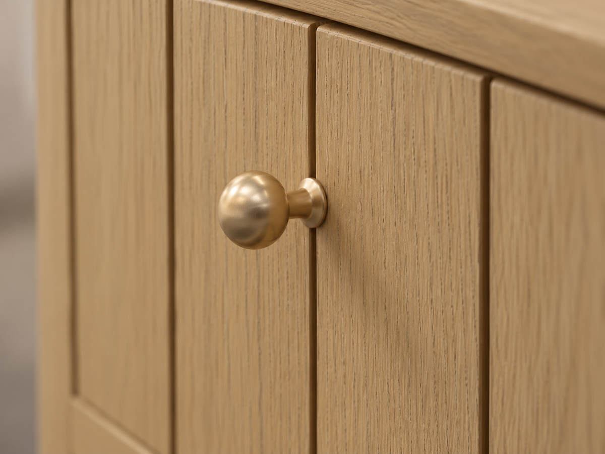 Houston nightstand in Nordic White Oak — rendered macro of the rounded brass-tone knob, stem and oak drawer front.