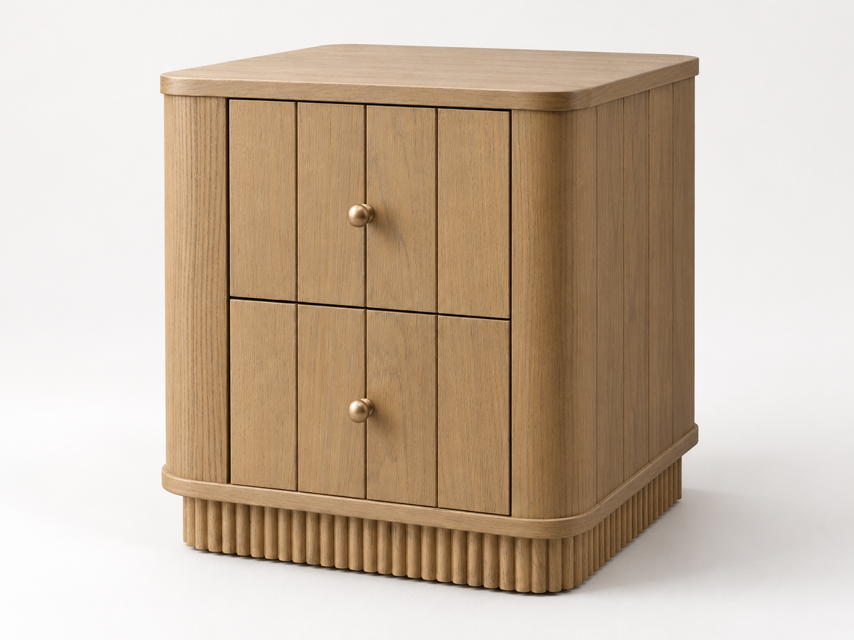 Studio rendering of the Houston 20-inch two-drawer nightstand in Nordic White Oak, front-right view.