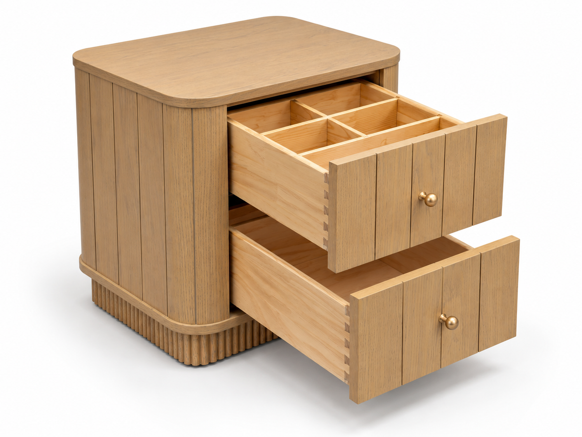 Studio rendering of the Houston nightstand in Nordic White Oak, front-left view with both drawers open and five organizer compartments in the upper drawer.