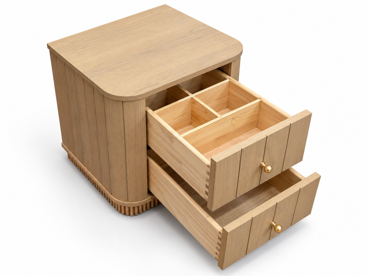 Elevated studio rendering of the Houston nightstand in Nordic White Oak with both drawers open, showing the five-compartment upper organizer and wooden drawer joints.