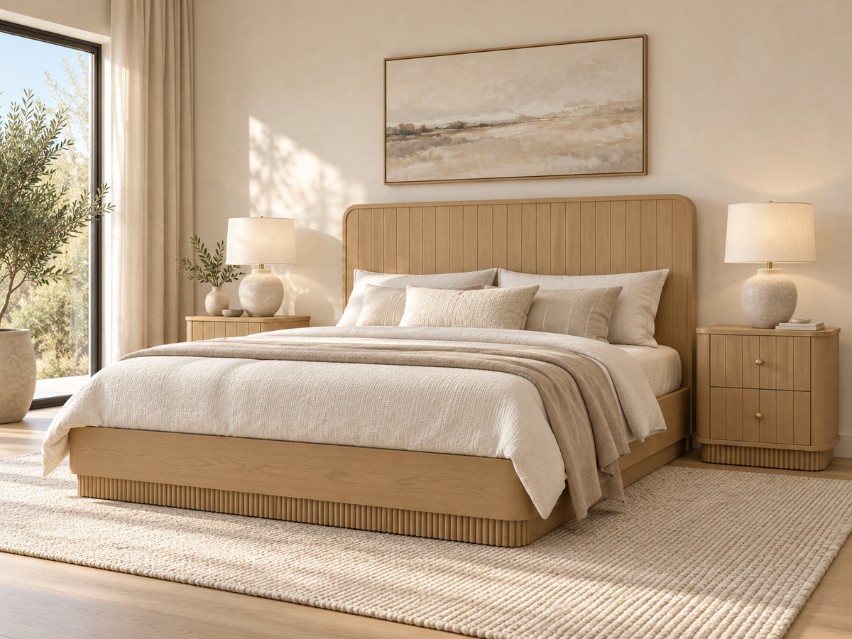 Lifestyle rendering of two Houston nightstands in Nordic White Oak, one on each side of the Houston bed