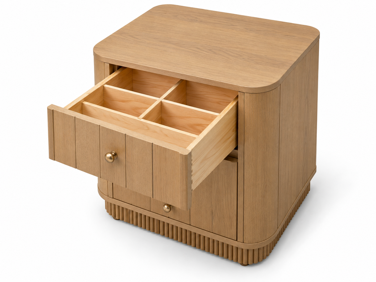 Studio rendering of Houston 20-inch Nightstand in Nordic White Oak with an open upper drawer showing its five-compartment organizer