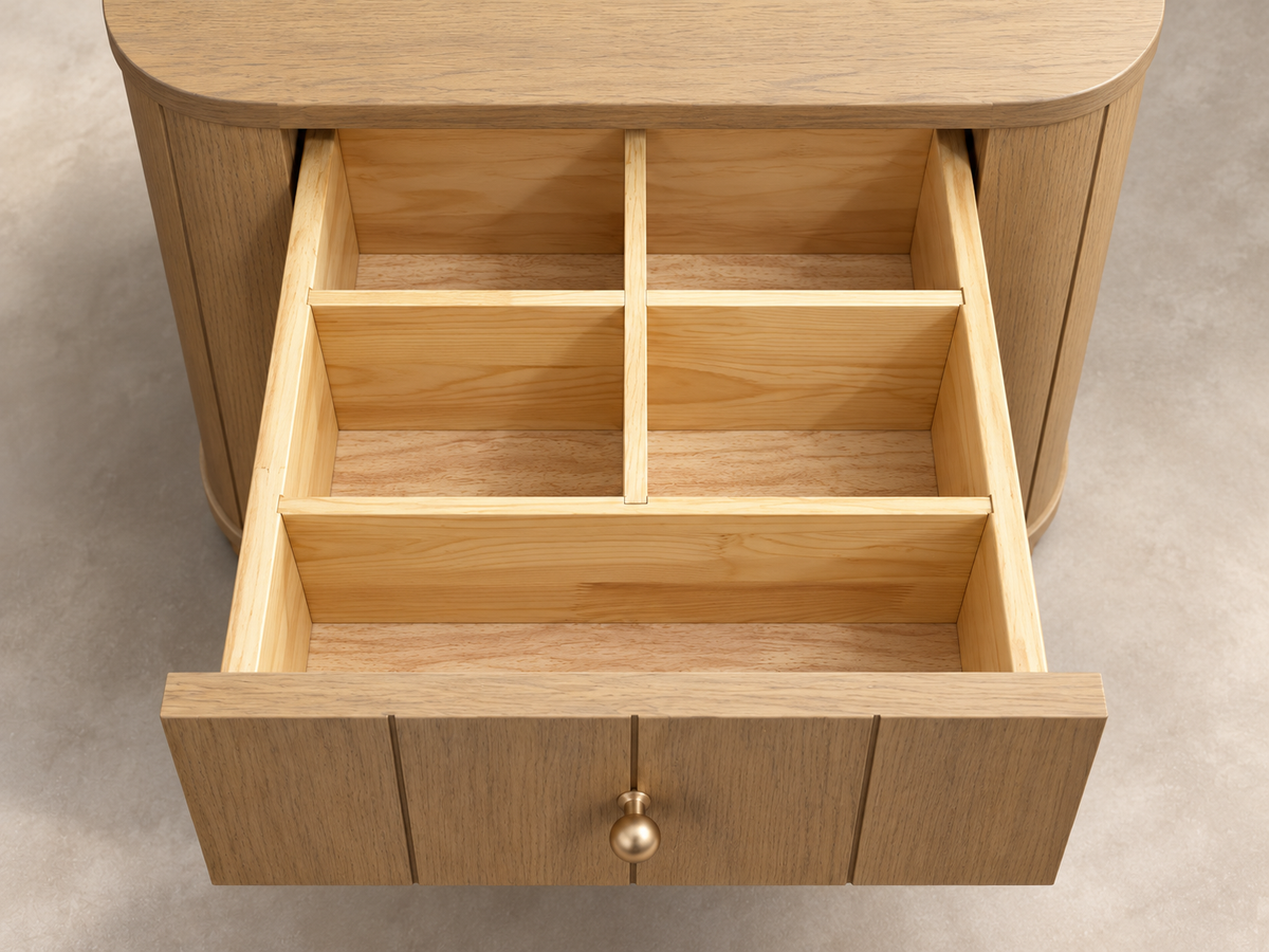 Houston nightstand in Nordic White Oak — rendered elevated view of the five-compartment upper drawer organizer.
