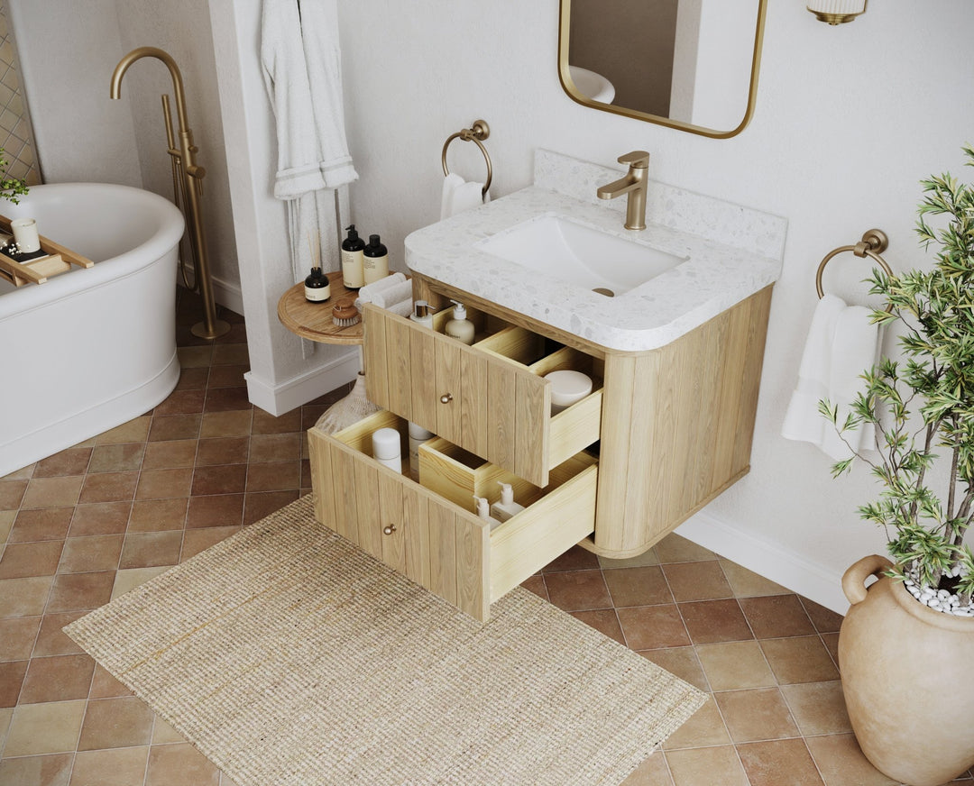 Houston White Oak 30 in. W x 22 in. D Floating Single Sink Bathroom Vanity with Curved Edge Design - Willow Bath and Vanity