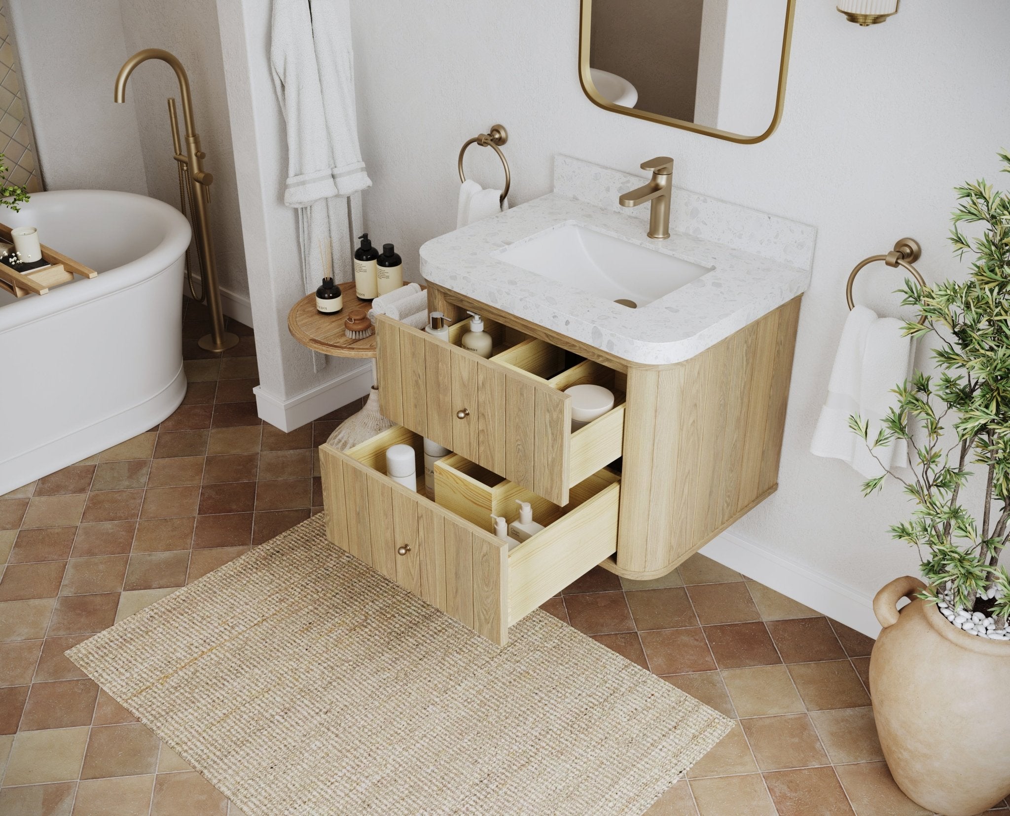Houston White Oak 30 in. W x 22 in. D Floating Single Sink Bathroom Vanity with Curved Edge Design - Willow Bath and Vanity
