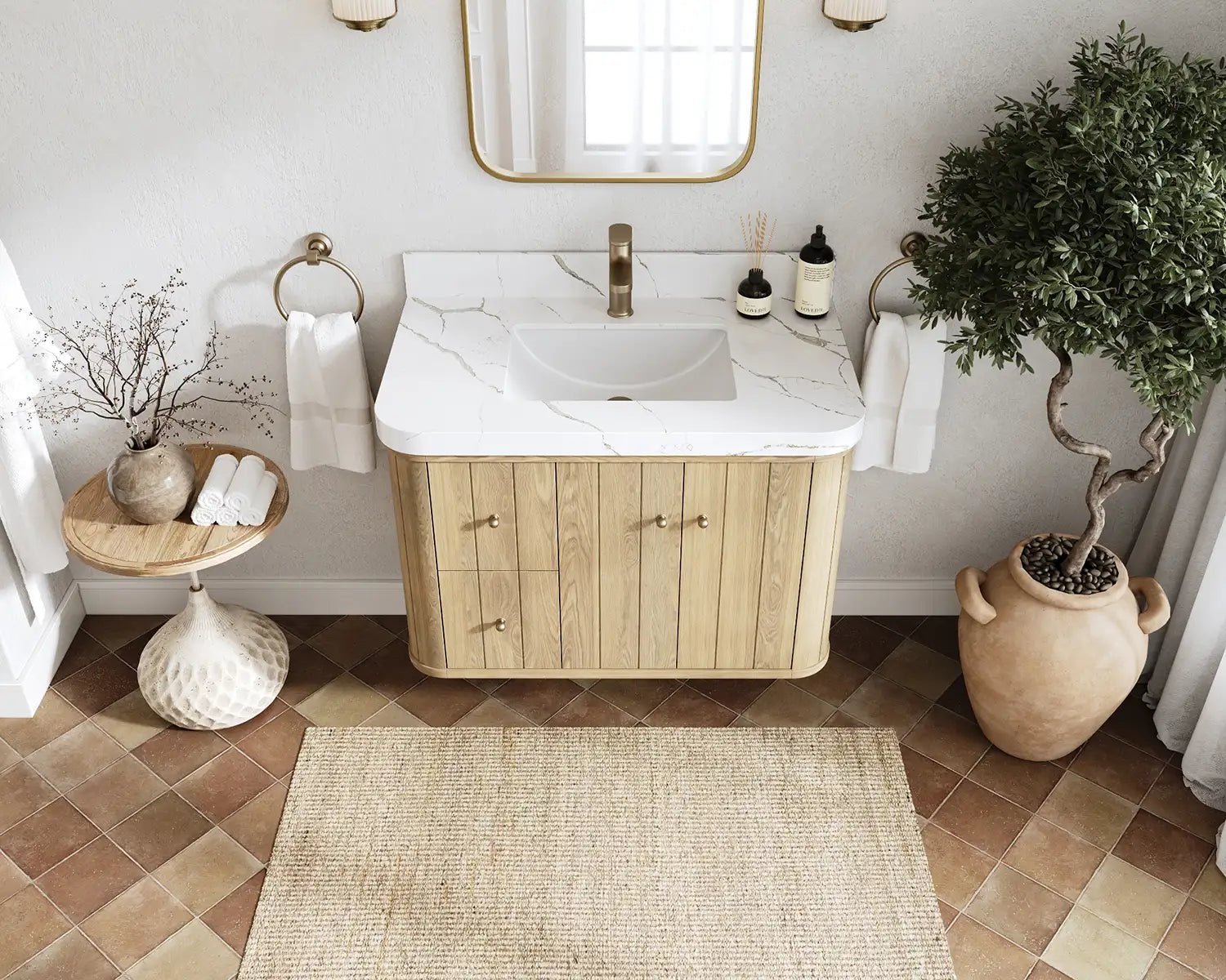 Houston White Oak 36 in. W x 22 in. D Floating Center Sink Bathroom Vanity with Curved Edge Design - Willow Bath and Vanity