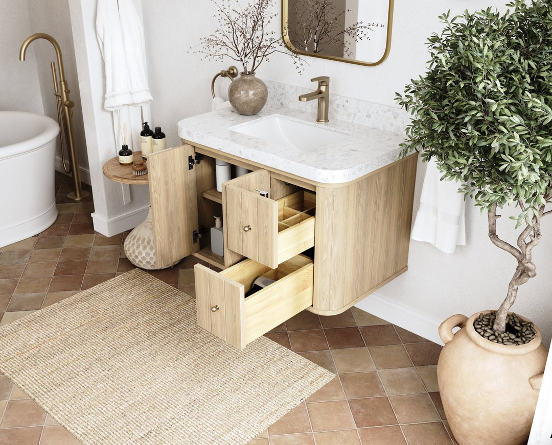 Houston White Oak 36 in. W x 22 in. D Floating Center Sink Bathroom Vanity with Curved Edge Design - Willow Bath and Vanity