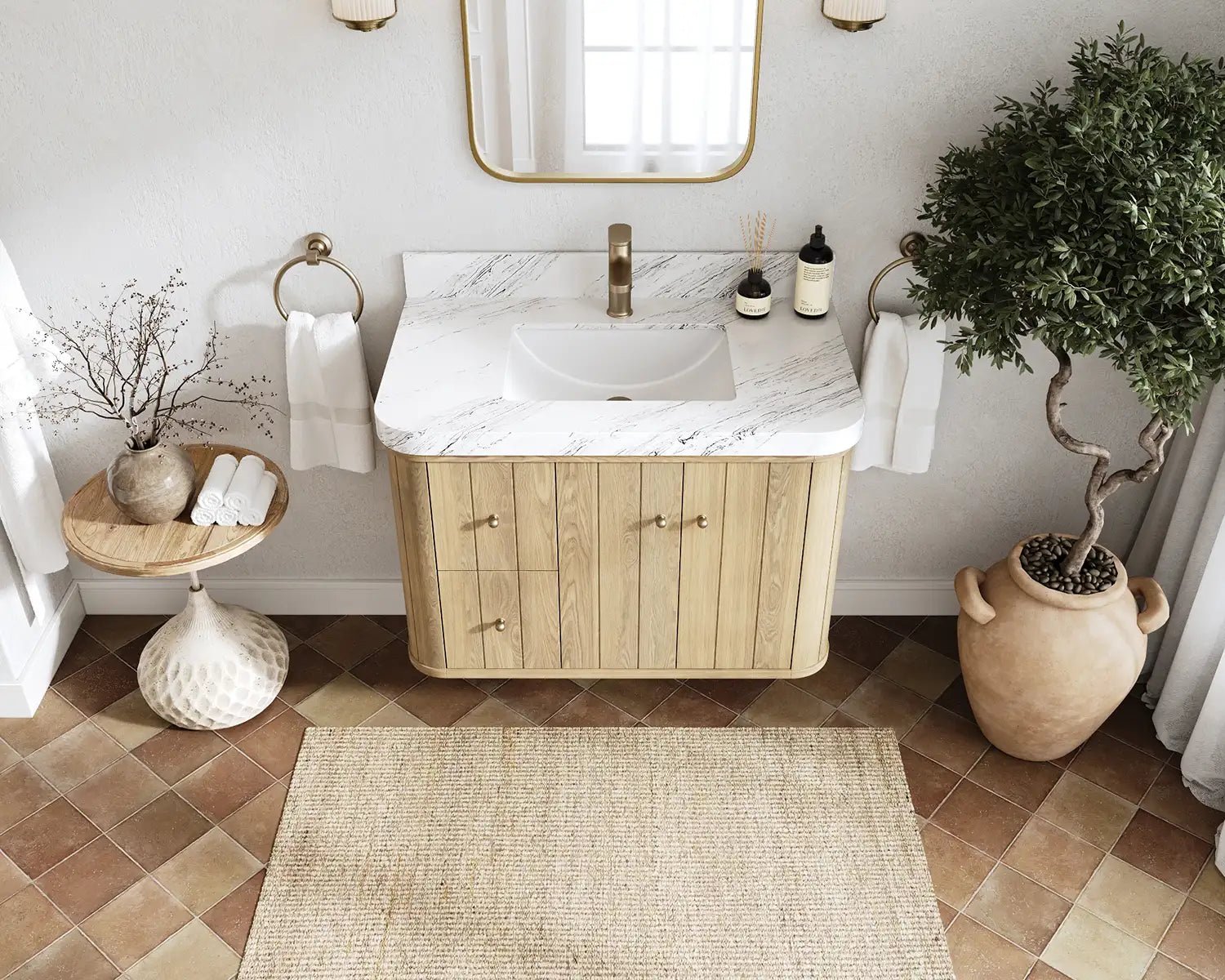 Houston White Oak 36 in. W x 22 in. D Floating Center Sink Bathroom Vanity with Curved Edge Design - Willow Bath and Vanity
