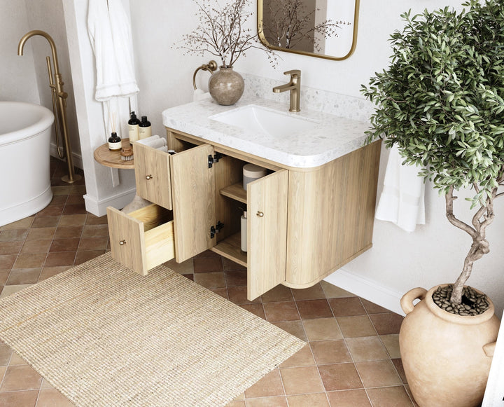 Houston White Oak 36 in. W x 22 in. D Floating Center Sink Bathroom Vanity with Curved Edge Design - photo 3