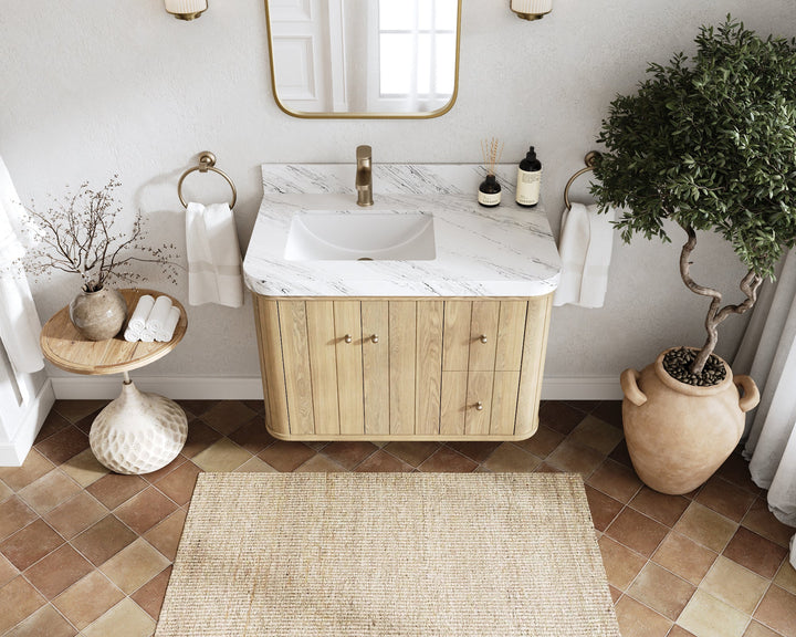 Houston White Oak 36 in. W x 22 in. D Floating Left Offset Sink Bathroom Vanity with Curved Edge Design - photo 14