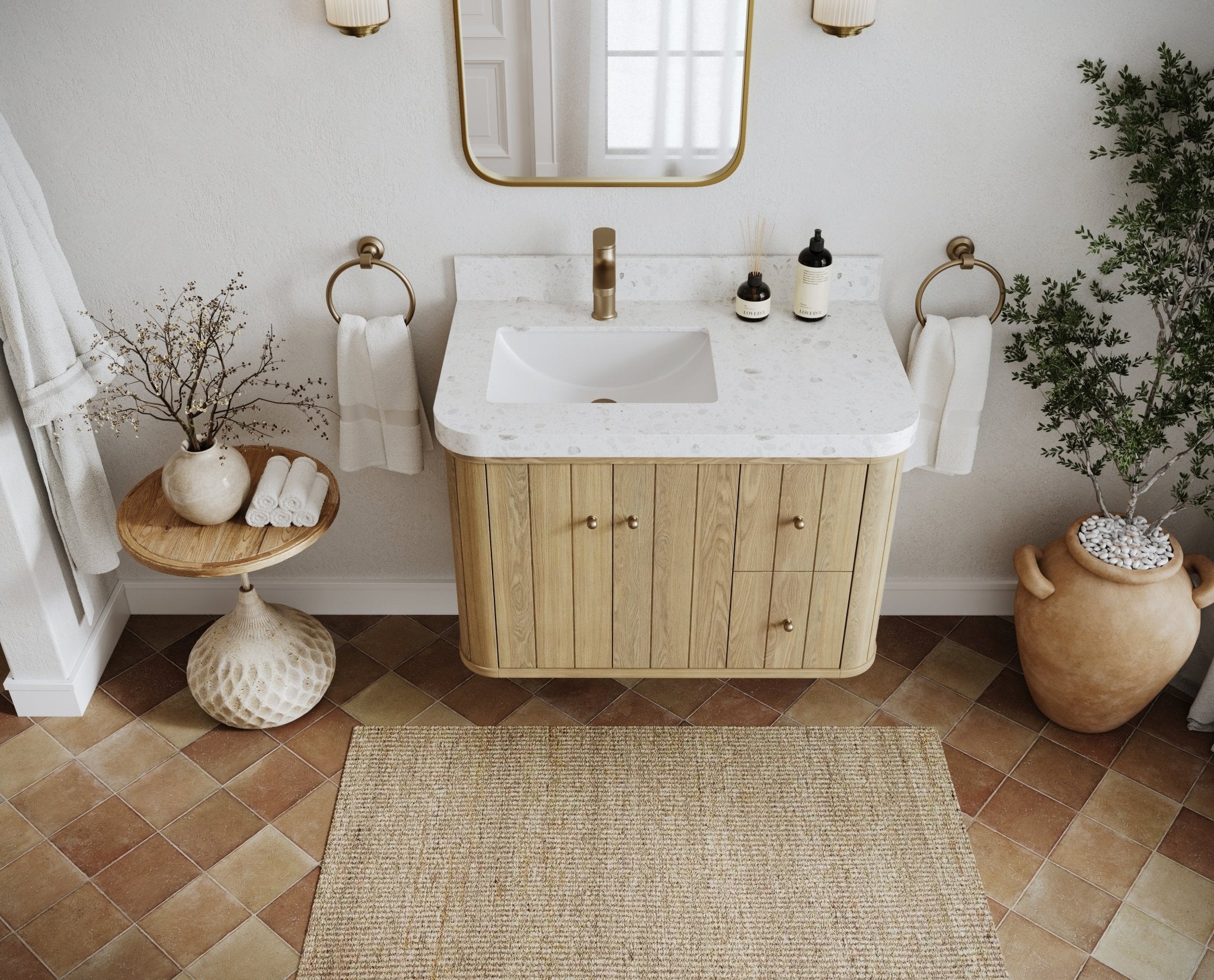 Houston White Oak 36 in. W x 22 in. D Floating Left Offset Sink Bathroom Vanity with Curved Edge Design - Willow Bath and Vanity