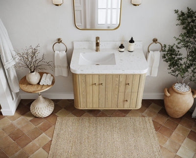 Houston White Oak 36 in. W x 22 in. D Floating Left Offset Sink Bathroom Vanity with Curved Edge Design - Willow Bath and Vanity
