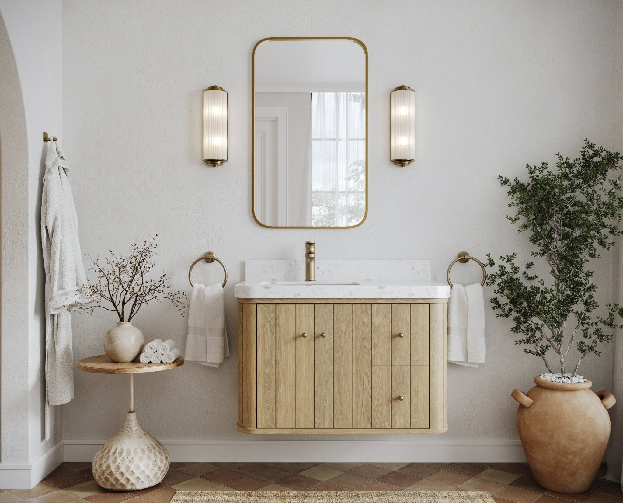 Houston White Oak 36 in. W x 22 in. D Floating Left Offset Sink Bathroom Vanity with Curved Edge Design - Willow Bath and Vanity