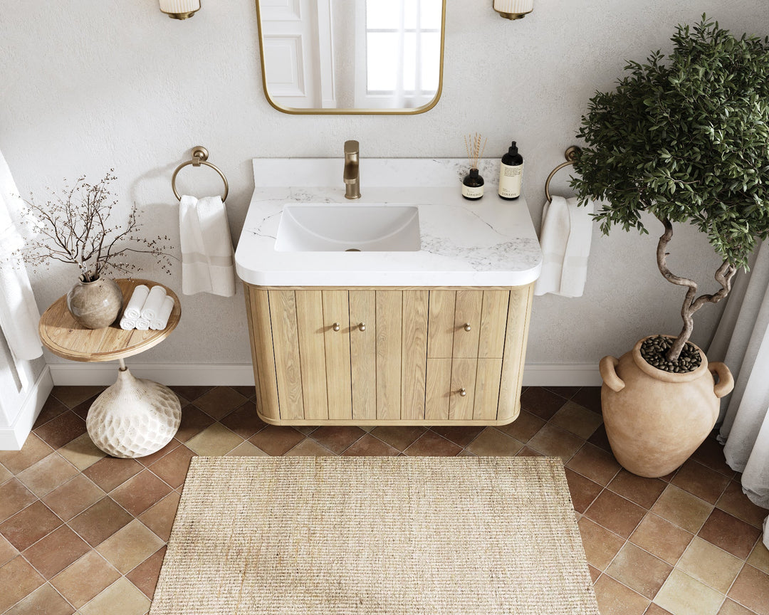 Houston White Oak 36 in. W x 22 in. D Floating Left Offset Sink Bathroom Vanity with Curved Edge Design - Willow Bath and Vanity