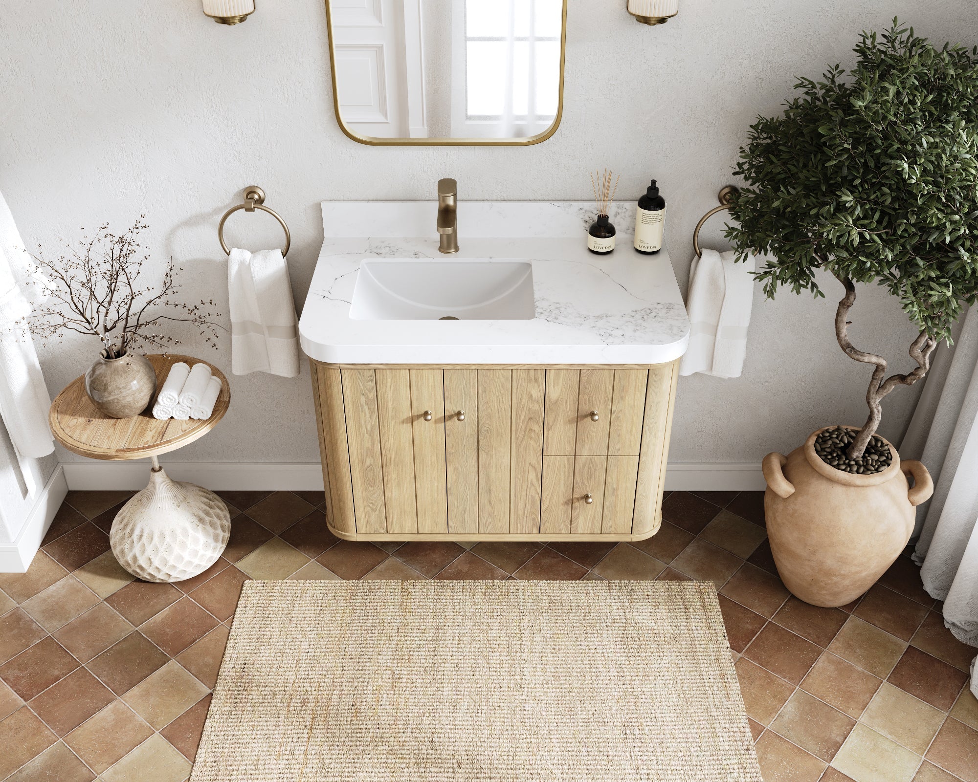 Houston White Oak 36 in. W x 22 in. D Floating Left Offset Sink Bathroom Vanity with Curved Edge Design - Willow Bath and Vanity