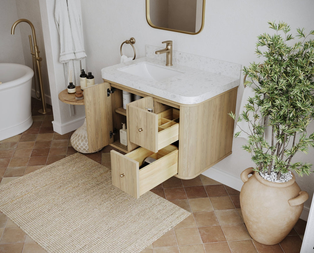 Houston White Oak 36 in. W x 22 in. D Floating Left Offset Sink Bathroom Vanity with Curved Edge Design - Willow Bath and Vanity