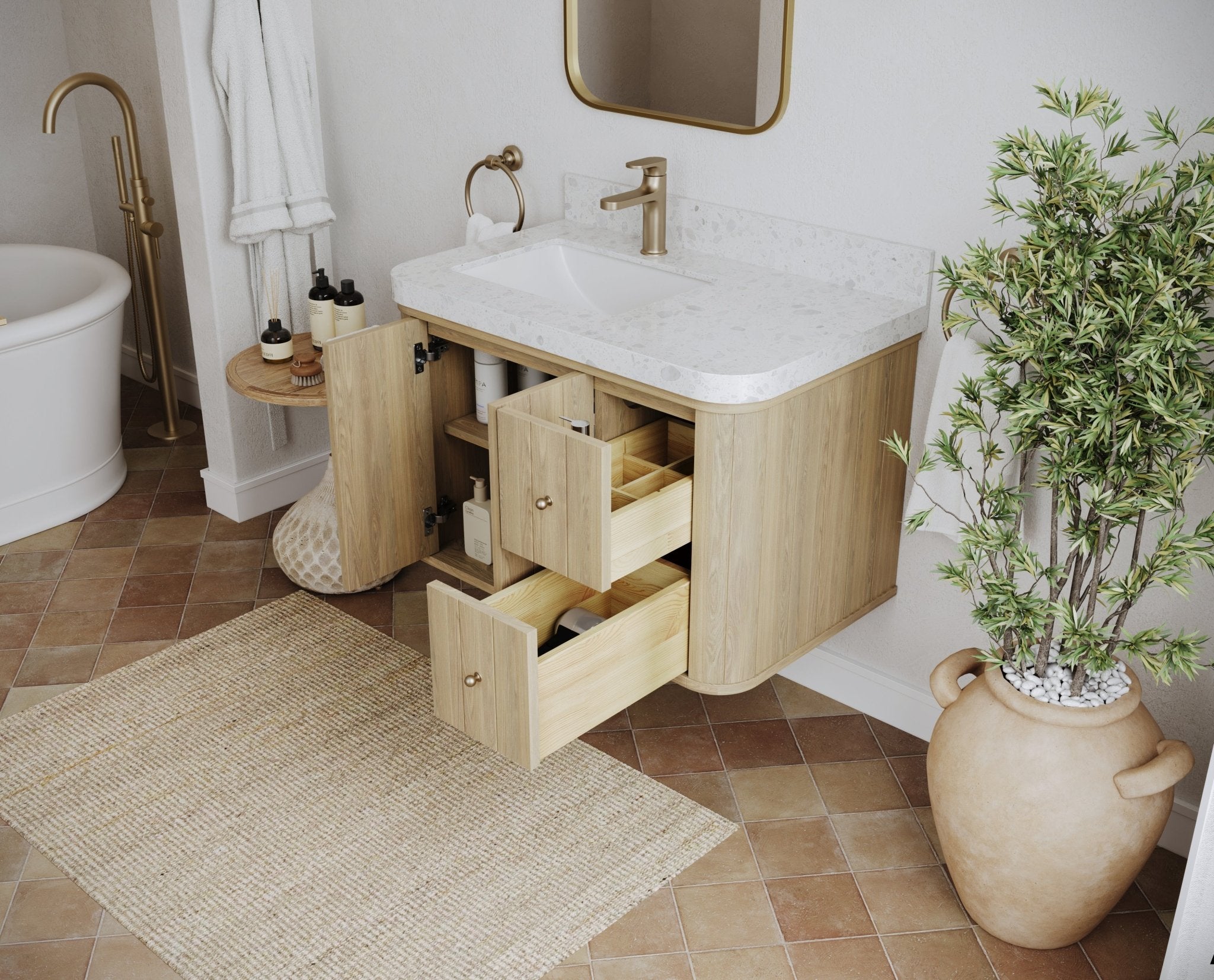 Houston White Oak 36 in. W x 22 in. D Floating Left Offset Sink Bathroom Vanity with Curved Edge Design - Willow Bath and Vanity