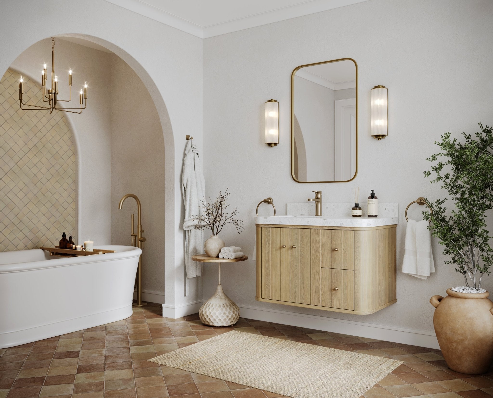 Houston White Oak 36 in. W x 22 in. D Floating Left Offset Sink Bathroom Vanity with Curved Edge Design - Willow Bath and Vanity