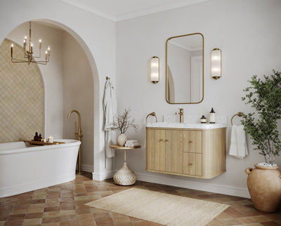 Houston White Oak 36 in. W x 22 in. D Floating Left Offset Sink Bathroom Vanity with Curved Edge Design - Willow Bath and Vanity