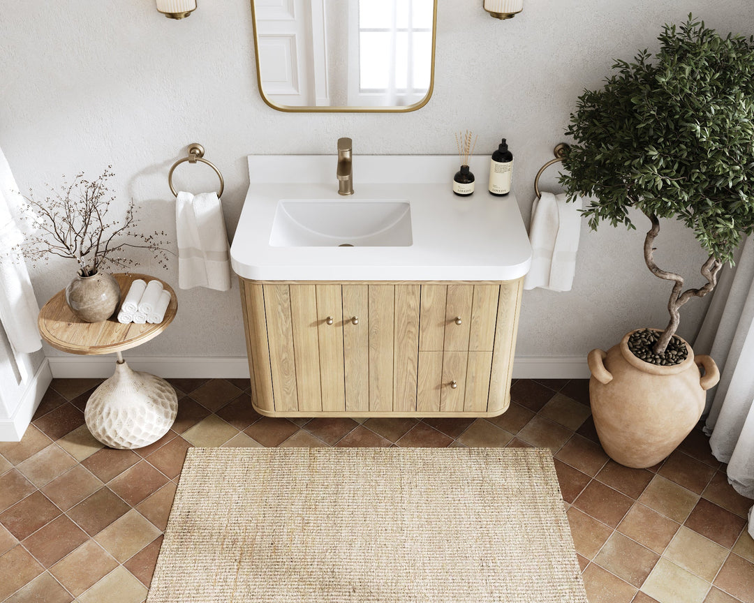 Houston White Oak 36 in. W x 22 in. D Floating Left Offset Sink Bathroom Vanity with Curved Edge Design - Willow Bath and Vanity