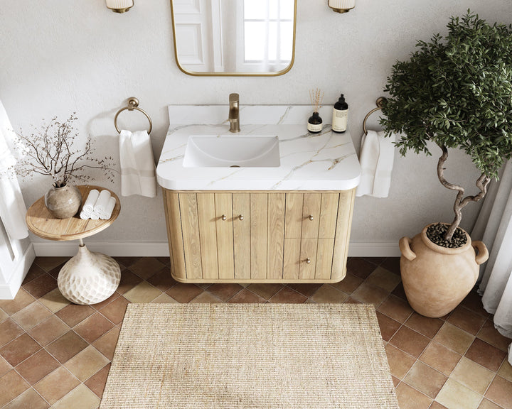 Houston White Oak 36 in. W x 22 in. D Floating Left Offset Sink Bathroom Vanity with Curved Edge Design - photo 11