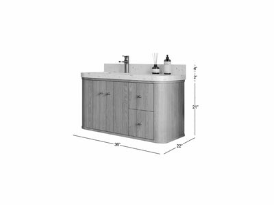 Houston White Oak 36 in. W x 22 in. D Floating Left Offset Sink Bathroom Vanity with Curved Edge Design - Willow Bath and Vanity