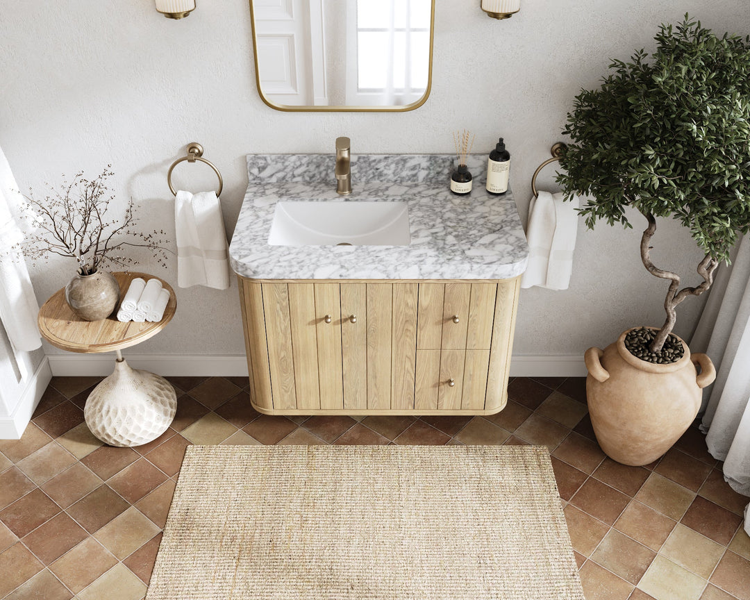 Houston White Oak 36 in. W x 22 in. D Floating Left Offset Sink Bathroom Vanity with Curved Edge Design - Willow Bath and Vanity