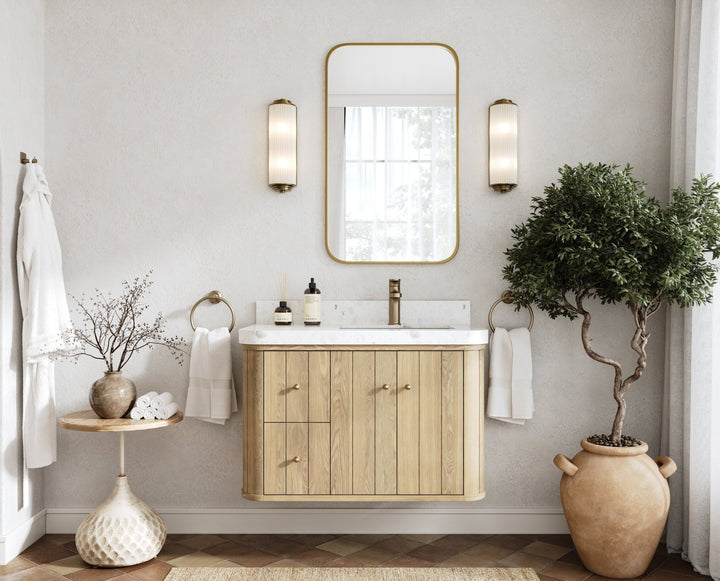 Houston White Oak 36 in. W x 22 in. D Floating Right Offset Sink Bathroom Vanity with Curved Edge Design - photo 5