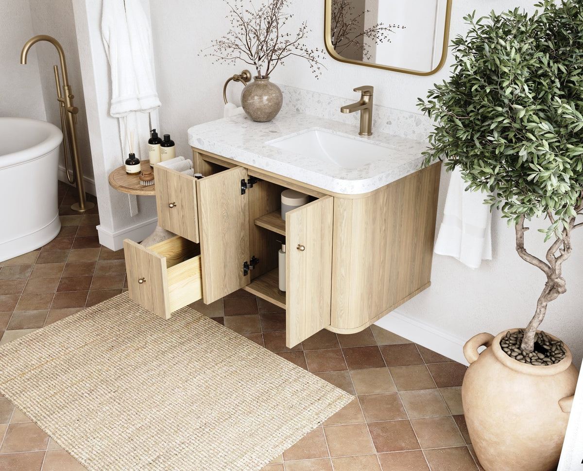 Houston White Oak 36 in. W x 22 in. D Floating Right Offset Sink Bathroom Vanity with Curved Edge Design - Willow Bath and Vanity