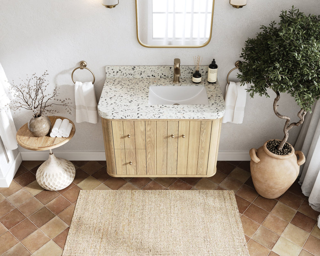 Houston White Oak 36 in. W x 22 in. D Floating Right Offset Sink Bathroom Vanity with Curved Edge Design - Willow Bath and Vanity