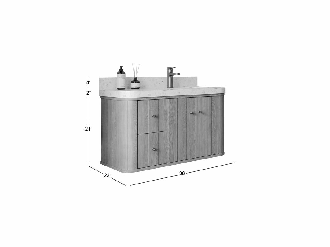 Houston White Oak 36 in. W x 22 in. D Floating Right Offset Sink Bathroom Vanity with Curved Edge Design - Willow Bath and Vanity