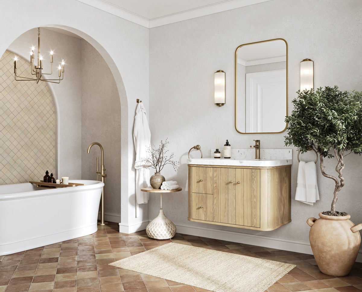 Houston White Oak 36 in. W x 22 in. D Floating Right Offset Sink Bathroom Vanity with Curved Edge Design - Willow Bath and Vanity